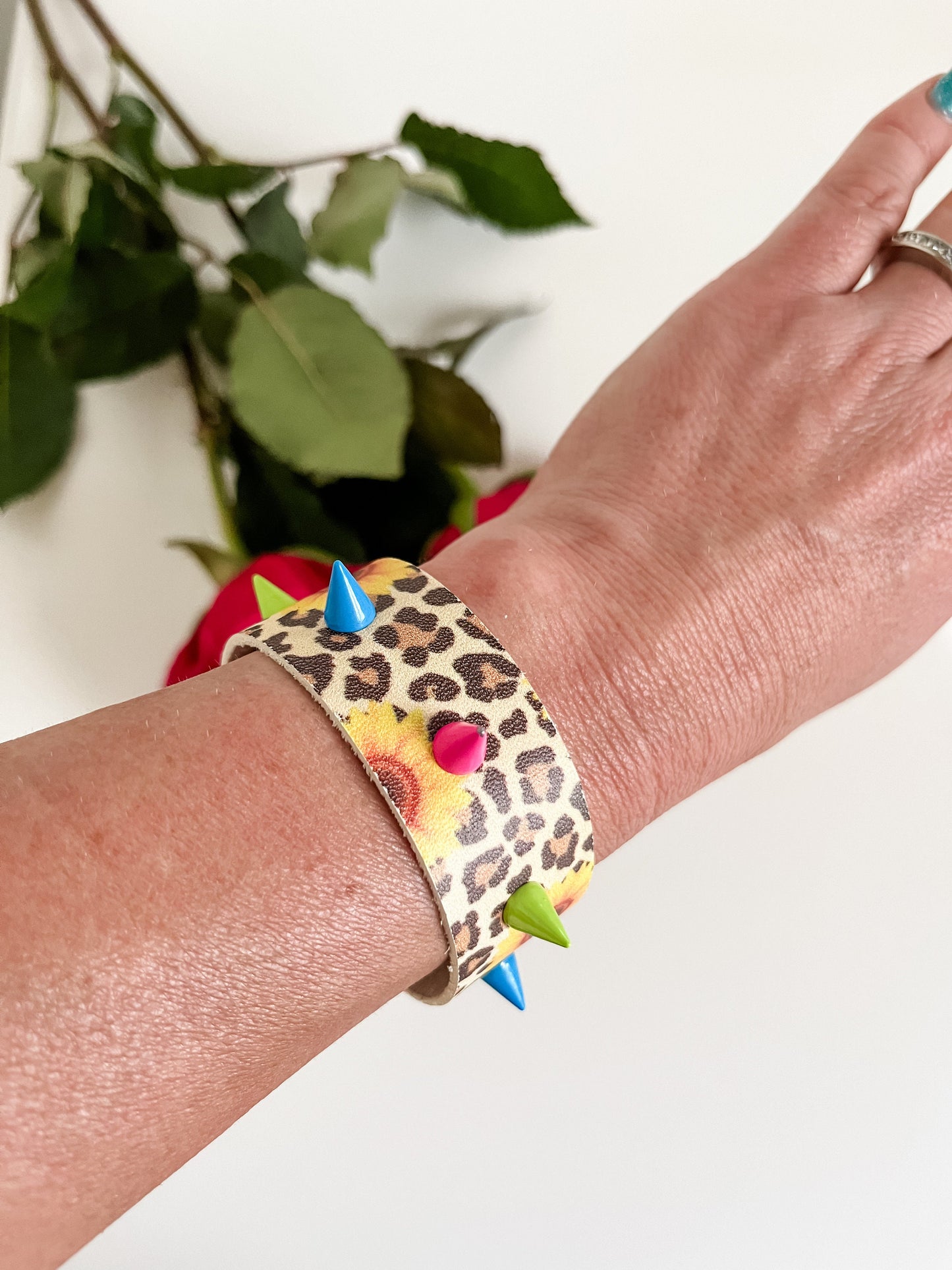 Leopard Sunflower Leather Spike Bracelet, Colorful Spikes, Leopard Sunflower Print Leather, Festival Fashion Jewelry, Quirky Bracelet