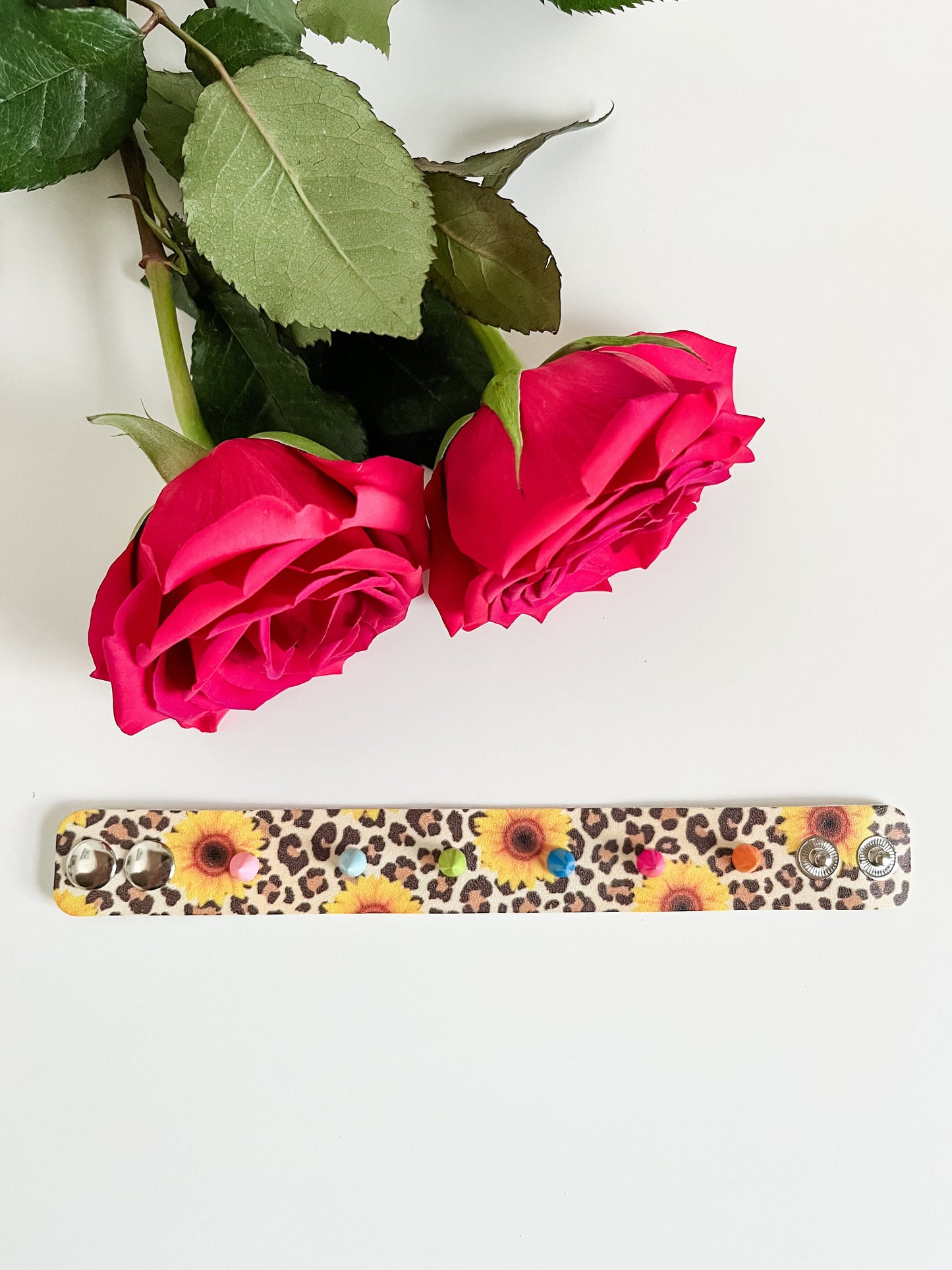 Leopard Sunflower Leather Spike Bracelet, Colorful Spikes, Leopard Sunflower Print Leather, Festival Fashion Jewelry, Quirky Bracelet