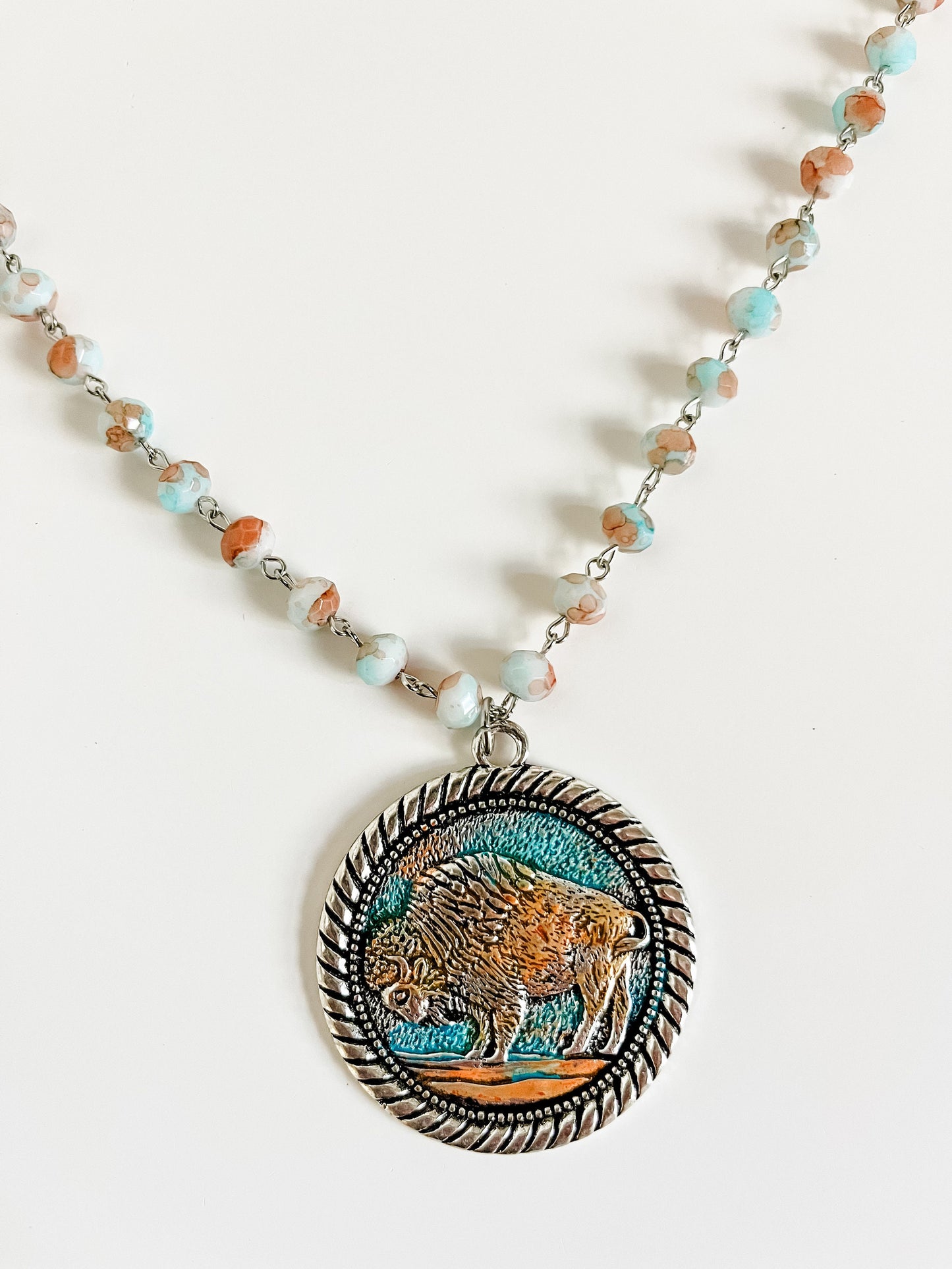 Western Statement Necklaces, Big Chief Spoon Pendant, Buffalo Coin Pendant, Blue and Rust Bead Chain Necklace, Southwestern Chic NFR Jewelry