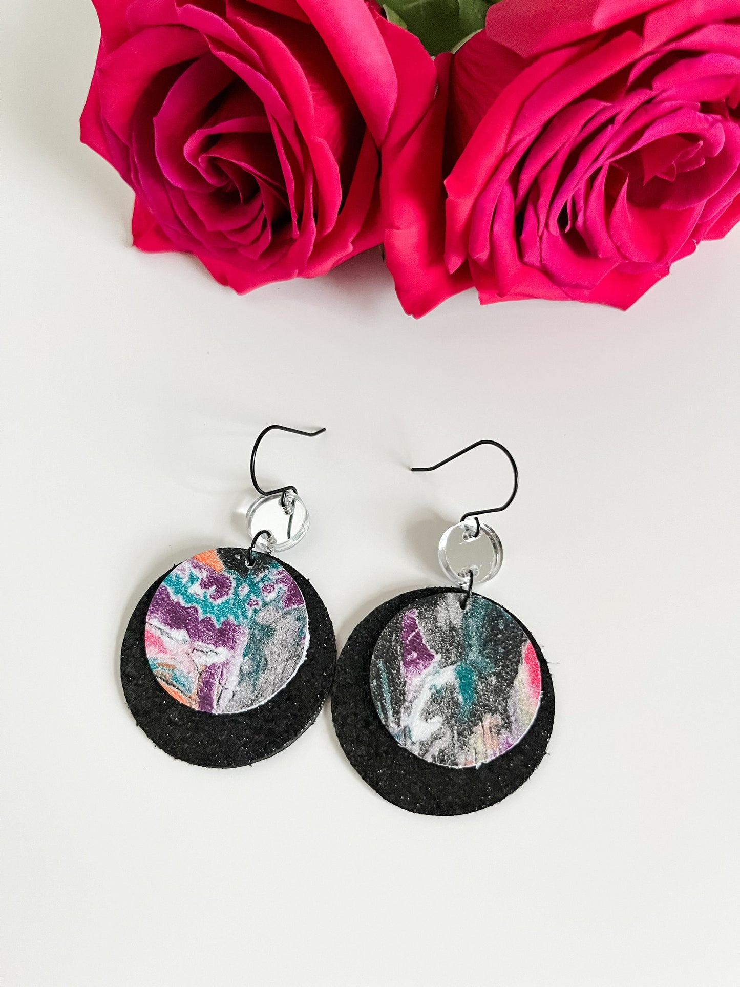 Circle Dangle Earrings in Vibrant Retro Print and Black Leather, 80s Vibe Earrings, Concert Earrings, Festival Earrings, Quirky Earrings