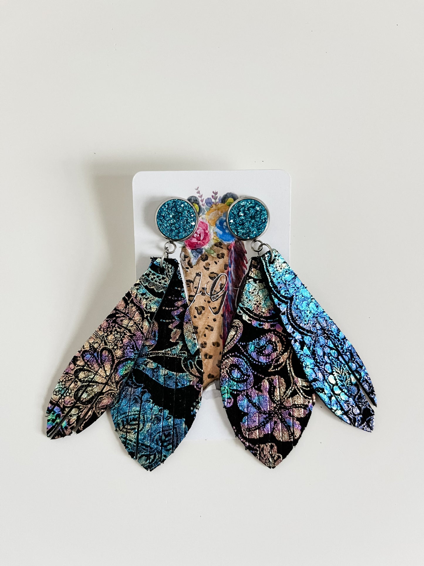 Metallic Leather Fringe Earrings Teal Druzy Studs, Multicolored Metallic Paisley Print on Black Leather, Leather Statement Earrings