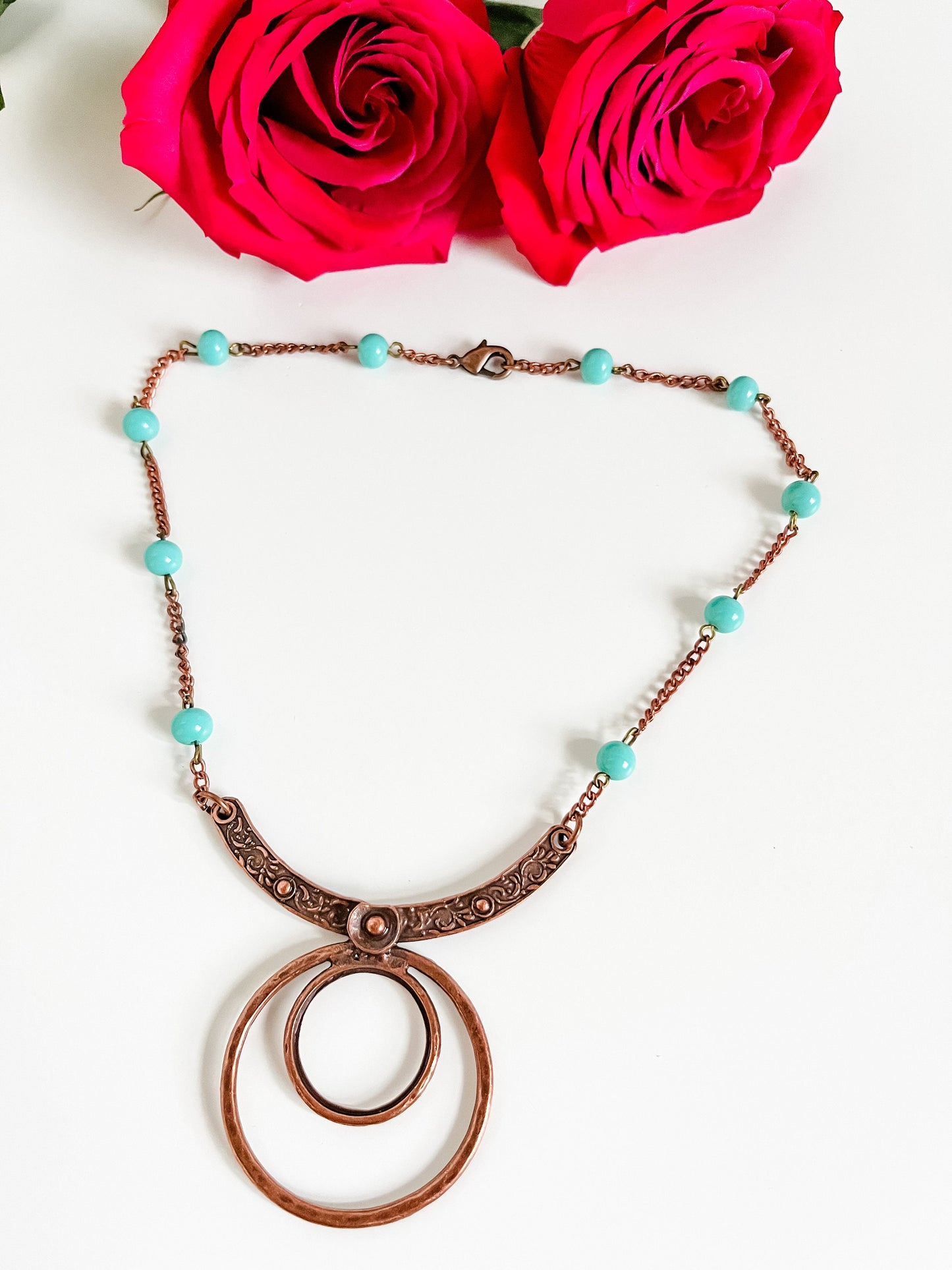 Turquoise and Copper Bib Necklace, Vintage Turquoise Bead Chain, Copper Statement Pendant, Boho Tribal Chic Necklace, Western Necklace