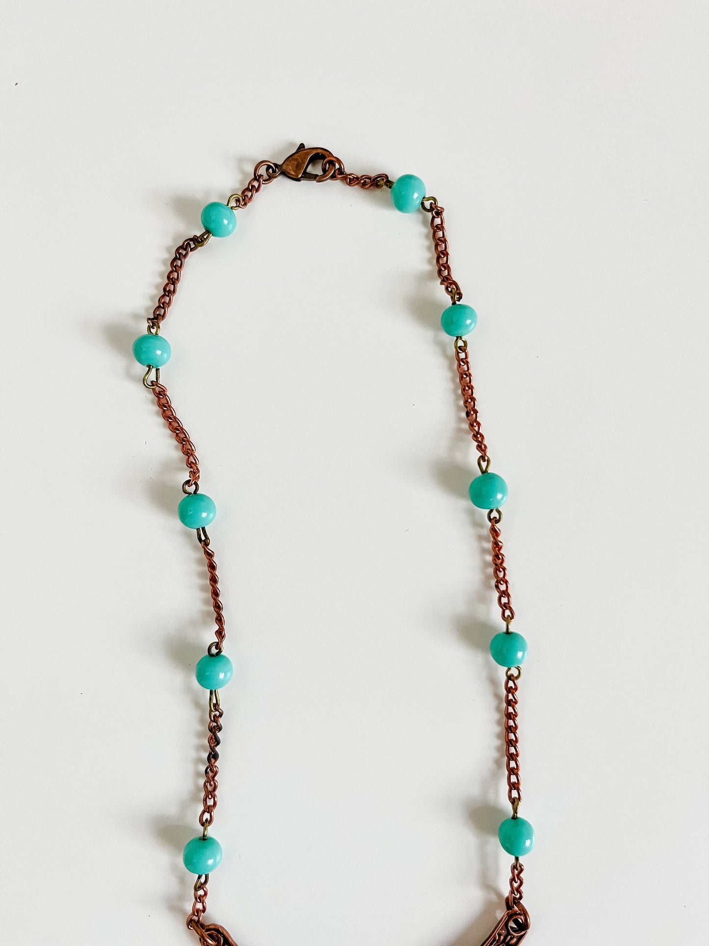 Turquoise and Copper Bib Necklace, Vintage Turquoise Bead Chain, Copper Statement Pendant, Boho Tribal Chic Necklace, Western Necklace