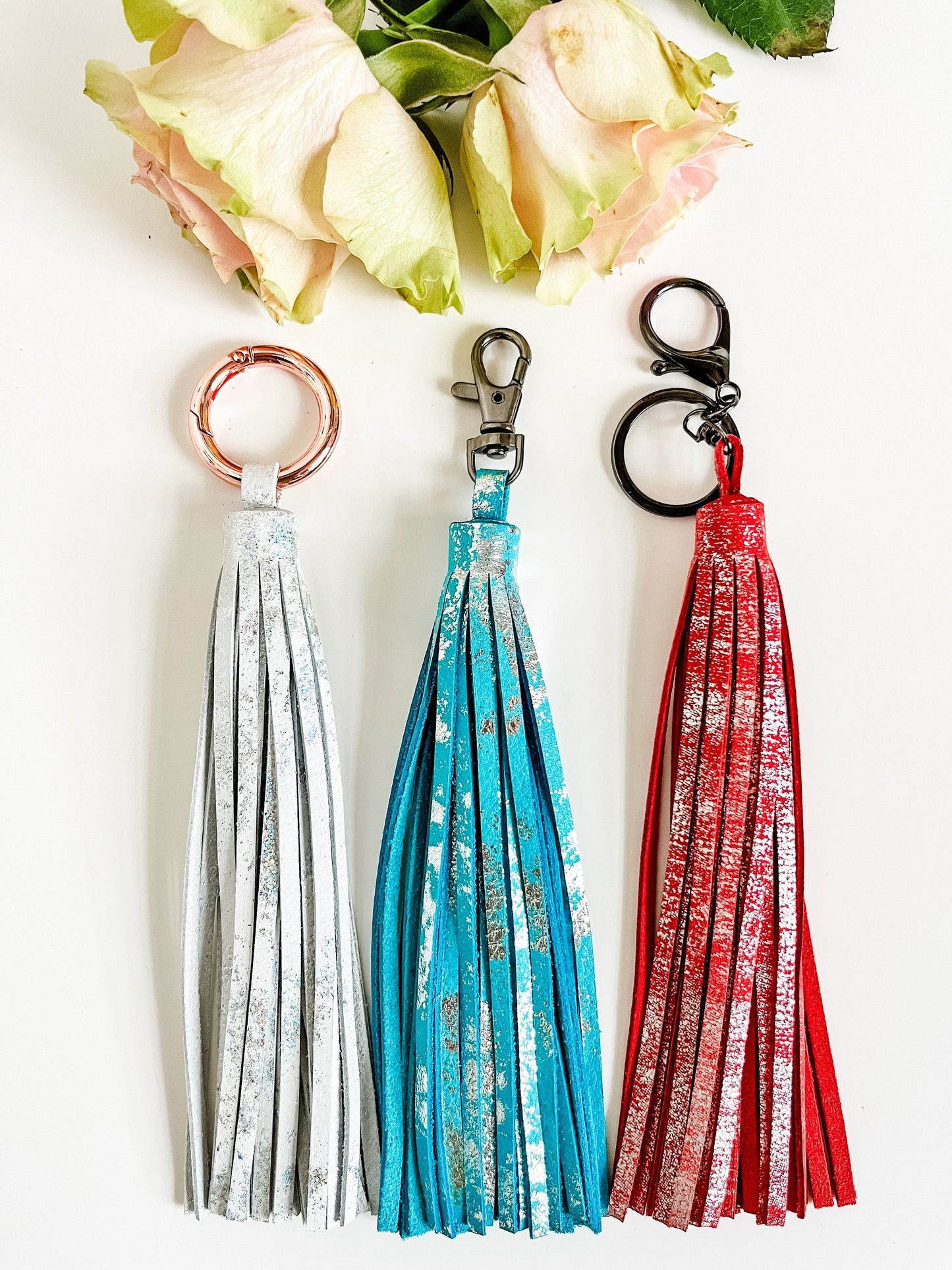 Metallic Leather Purse Tassel, Fringe Tassel, Purse Charm, Bag Flair Charm, Turquoise Tassel, White Tassel, Peach Coral Tassel